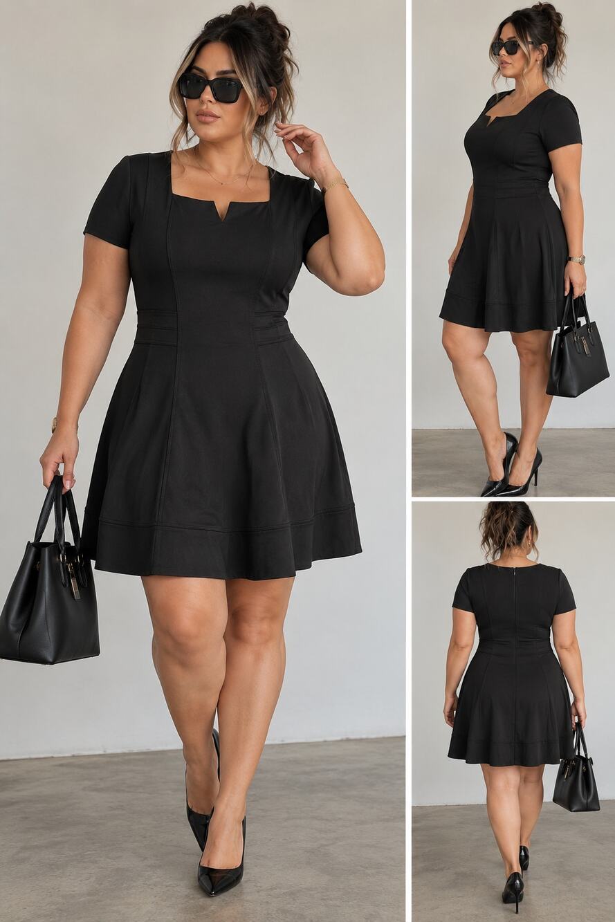 White House Black Market Dress Size 16 Black Fit Flare Short Sleeve Career